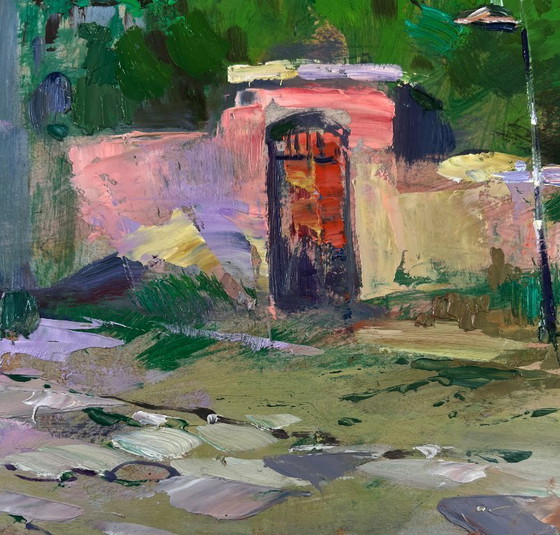 Image 1 of Original Oil Painting Summer House Landscape Old city building with stairs