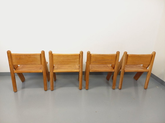 Image 1 of Exceptional suite of a large rectangular table and 4 vintage Brutalist chairs in solid oak from the 60s