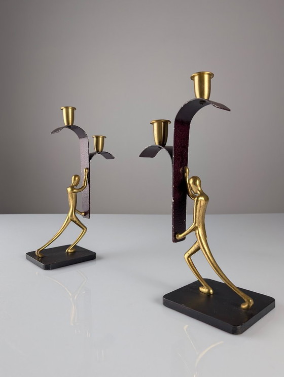 Image 1 of Pair Art Deco Bronze Candelabras by Karl Hagenauer, 1940s