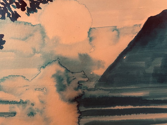 Image 1 of Monochroom blauwe aquarel "zonsondergang boven het meer"