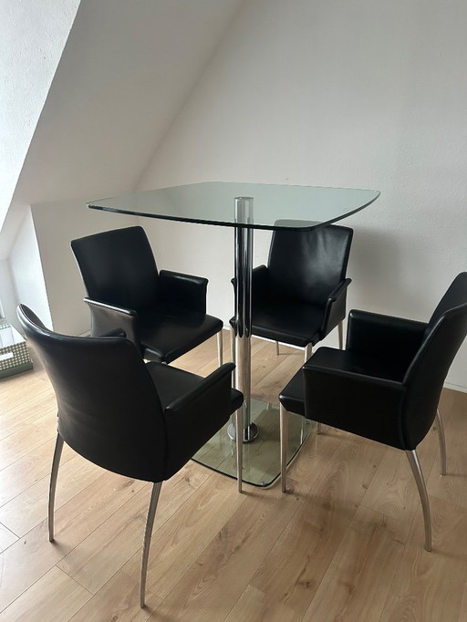 Dining room set - 1 designer glass table by Ronald Schmitt (90x90) and four Jori leather chairs
