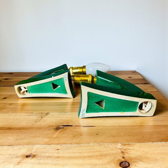 Image 1 of PAIR French Art Deco green ceramic wall sconces with hand-painted half shades, 1940s,