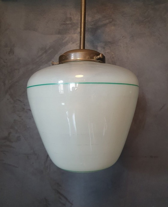 Image 1 of Lampe suspendue conique en verre Vintage Art Deco avec fixation