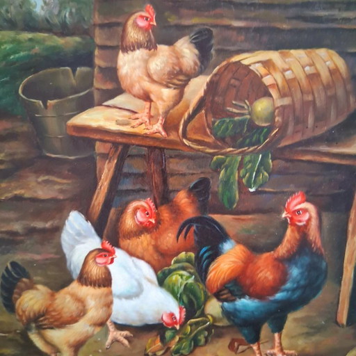 ORIGINAL Ölgemälde auf Holzplatte inkl. Rahmen | Hühner/Bauernhof | Signiert