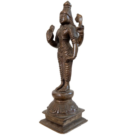 Antique Bronze Vishnu Statue – South India – ca. 1920 – 17 cm – 520 g – Sculpture (photo 8 of 10)