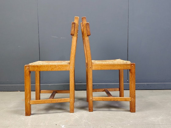 Image 1 of Vintage eiken en rieten brutalistische stoelen, jaren 60 - set van 8