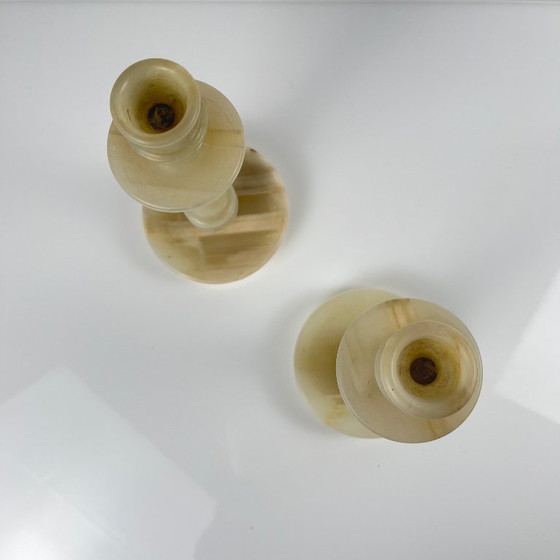 Image 1 of Pair of alabaster candlesticks, 20th century