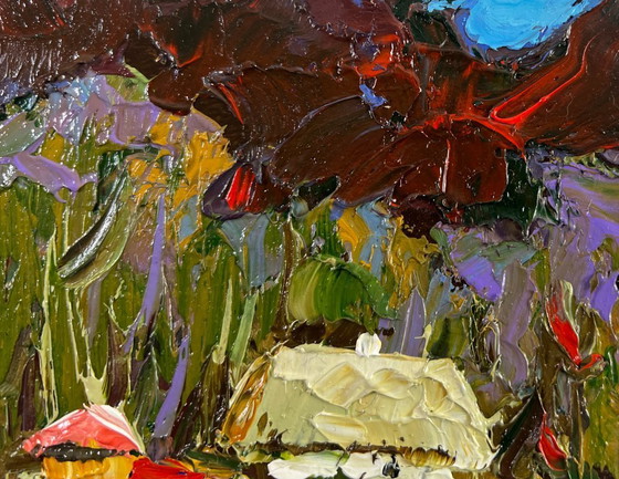 Image 1 of Original Oil Painting Evening Village Landscape Neighbors in the summer garden