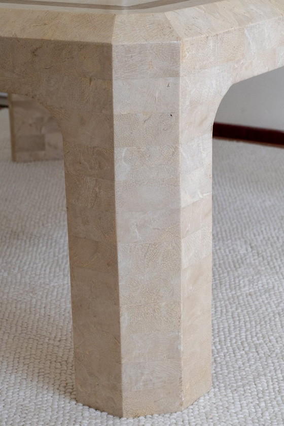 Square travertine coffee table in the style of Maitland-Smith, Wood, Beige, Postmodern (photo 5 of 6)