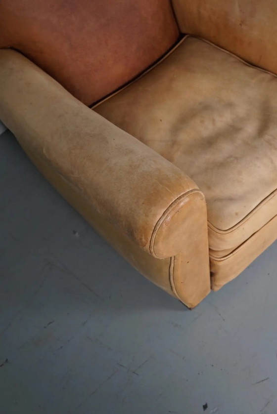 Image 1 of Coppia di poltrone da club francesi in pelle color cognac con schienali a baffo, anni '40