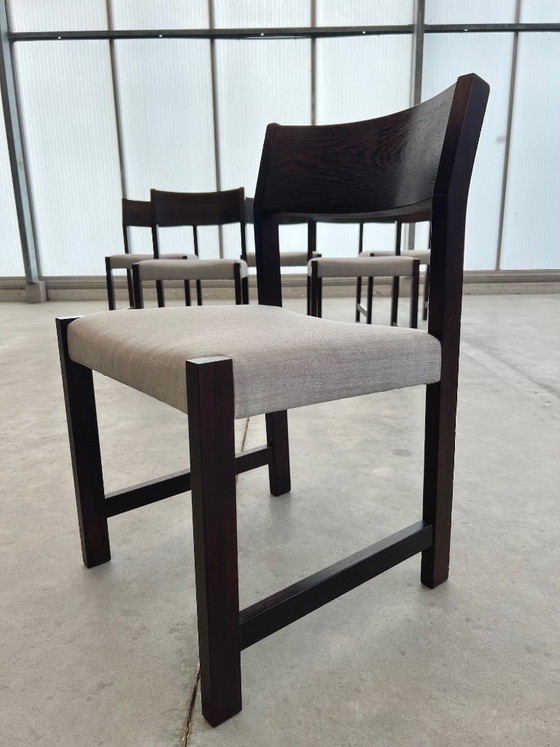 6x Sedie da pranzo Mid-Century / Brutaliste restaurate e rivestite – Legno, Lana (photo 2 of 18)