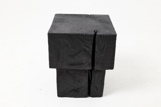 Rustic Sculptural Side Table / Stool, Burnt Black Oak Wood, Carved, Unique, Logniture (photo 8 of 9)