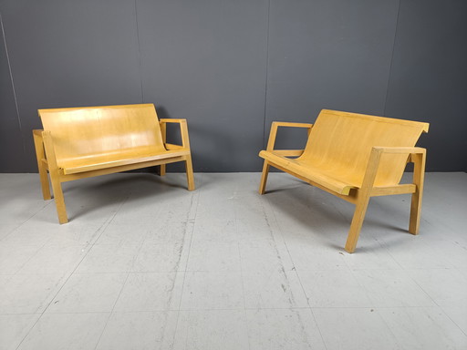 Mid Century Sperrholz Bänke in der Art von Alvar Aalto, 1960 - Satz von 2