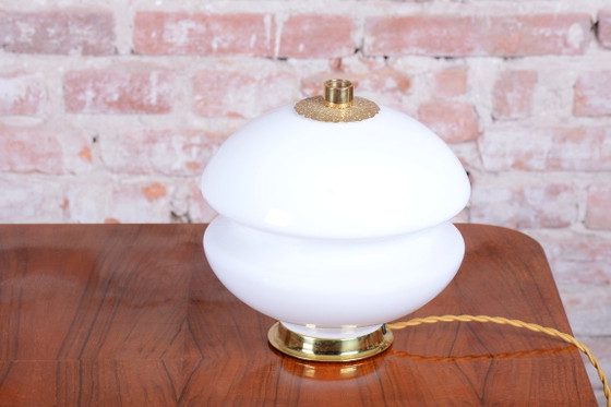 Restored Mid-Century Table Lamp, Brass, Glass, Rewired, Czech, 1960s – Textile (photo 2 of 8)