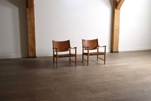Paire de Fauteuils Safari en Cuir Cognac Tressé, Danemark, années 1960 – Leather
