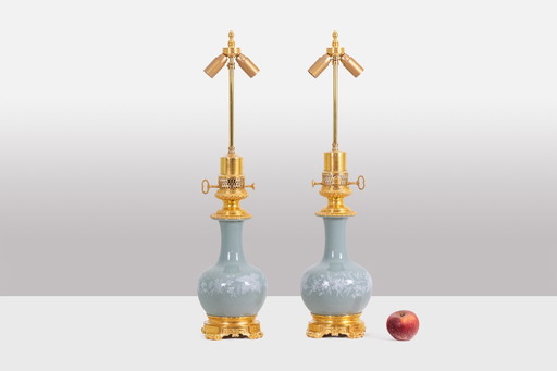 Pair of Lamps in Celadon Porcelain and Gilded Bronze. Circa 1880.