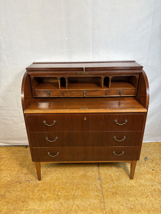 Image 1 of Mid-Century Swedish Teak (or Walnut) Roll-Top Bureau by Egon Østergaard for AB Bröderna Gustafssons 1960  Bring a timeless Scand