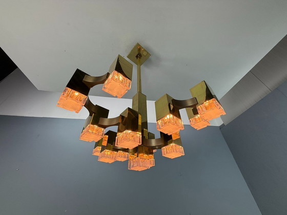 Image 1 of Lustre cubique Sciolari en laiton, édition rare, 17 lumières, Italie des années 1970