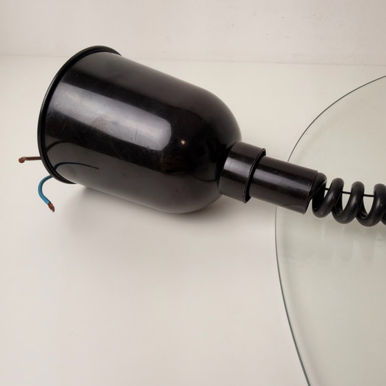 Vintage mid century UFO-Pendant lamp, round glass disc, Aluminium, Black (photo 10 of 11)