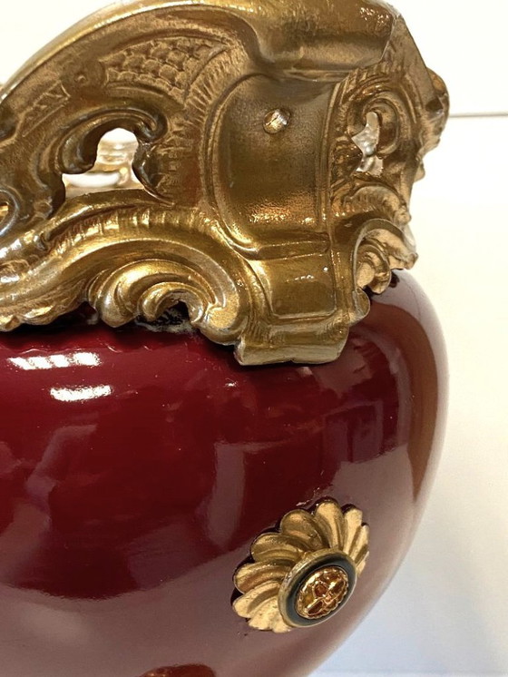 Image 1 of Antieke Napoleon III faience vergulde metalen plantenbak/tafelstuk