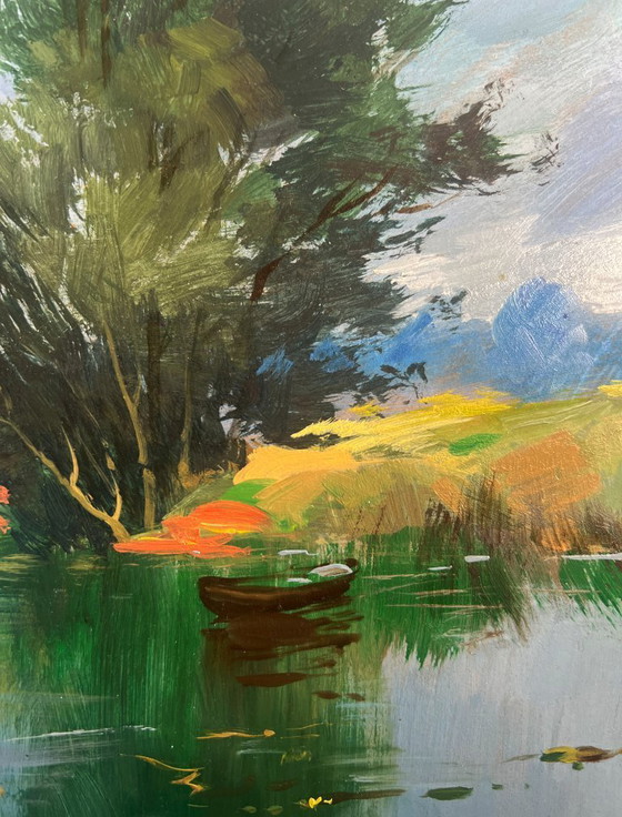 Image 1 of Peinture à l'huile originale représentant un paysage côtier d'été, avec un pêcheur près d'un arbre solitaire.