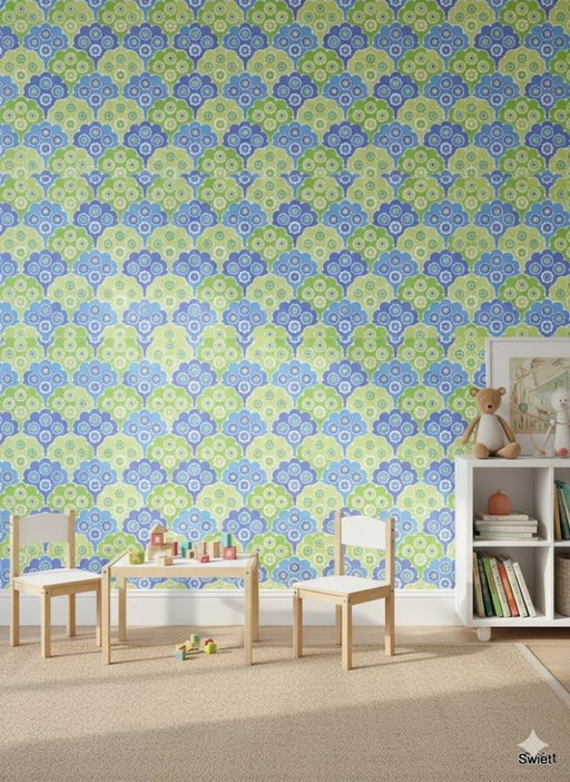 14306 Blauw Retro Vintage Style Groen Bloemenbehang
