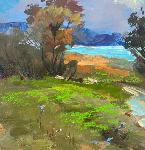 Image 1 of Peinture à l'huile originale, paysage de route d'été. L'harmonie paisible de la nature.