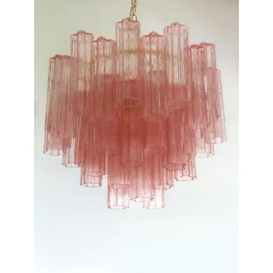 Image 1 of Lustre contemporain scénographique en verre de Murano rose « Tronchi » de style Venini