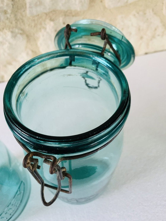Image 1 of Pots en verre turquoise de Solidex, 1940s, ensemble de deux.