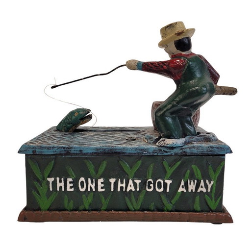 "Fisherman" piggy bank with fishing mechanism, cast iron, 1950s - USA.