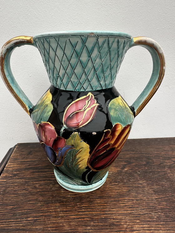 Image 1 of Vaas gesigneerd JTF Vallauris - h 20 cm - Vintage gebeiteld en beschilderd decor