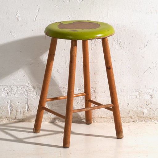 Antique wooden stool with round seat – Central Europe, circa 1950