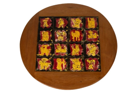 Image 1 of Guillerme et Chambron. Guéridon en chêne et céramique. Années 1970-80