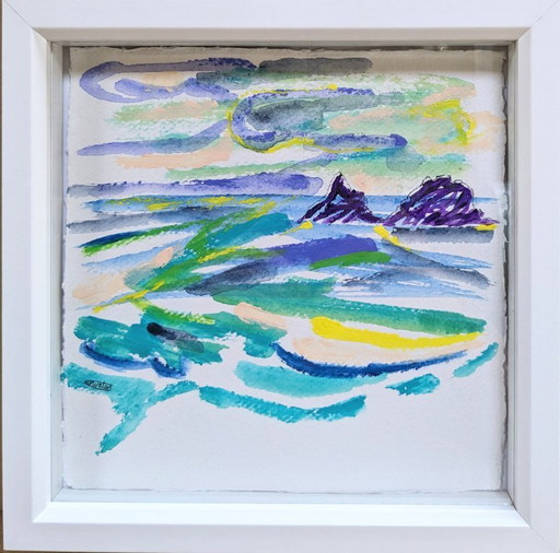 CAPE CORNWALL PRIEST COVE BRISONS SEASCAPE NIGEL WATERS ENCADRÉ SIGNÉ PLEIN AIR