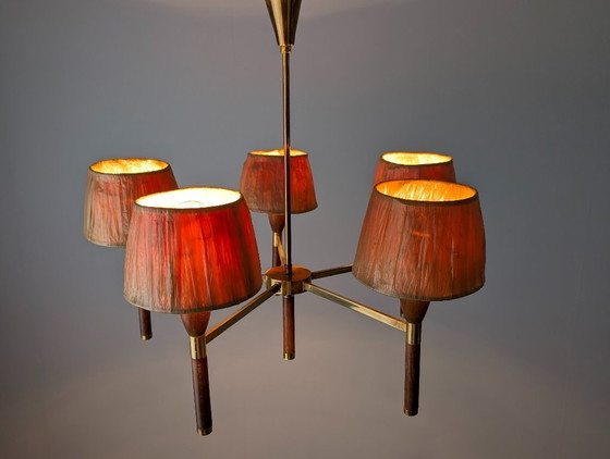 Image 1 of Danish Five-Arm Chandelier in Wood and Brass, 1950s
