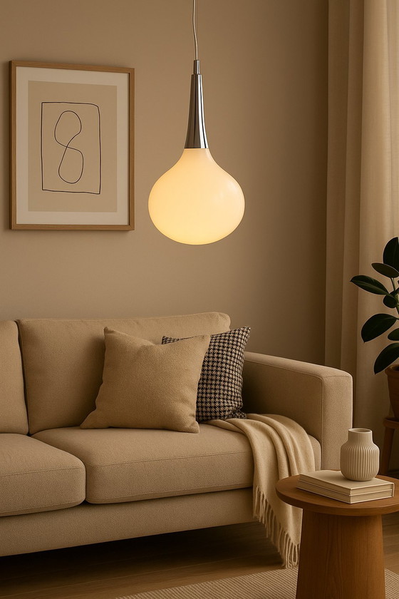 Image 1 of Lampada a sospensione Rietveld – lampada a sospensione a forma di lacrima in vetro bianco e cromo – condizioni eccellenti (2009)