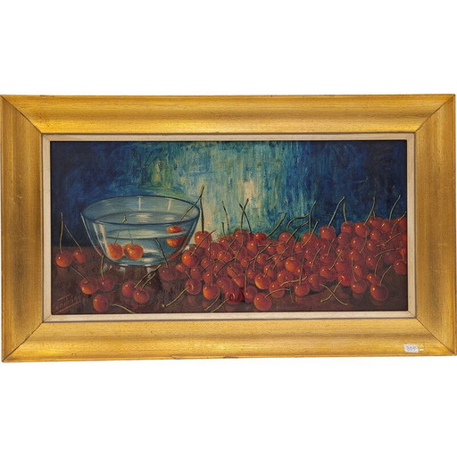 Vintage painting representing dozens of red cherries by José Luis Capitaine