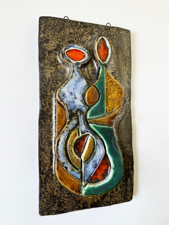 Image 1 of Sculpture murale cubiste en terre cuite émaillée polychrome. Helmut Schäffenacker – Allemagne, années 50