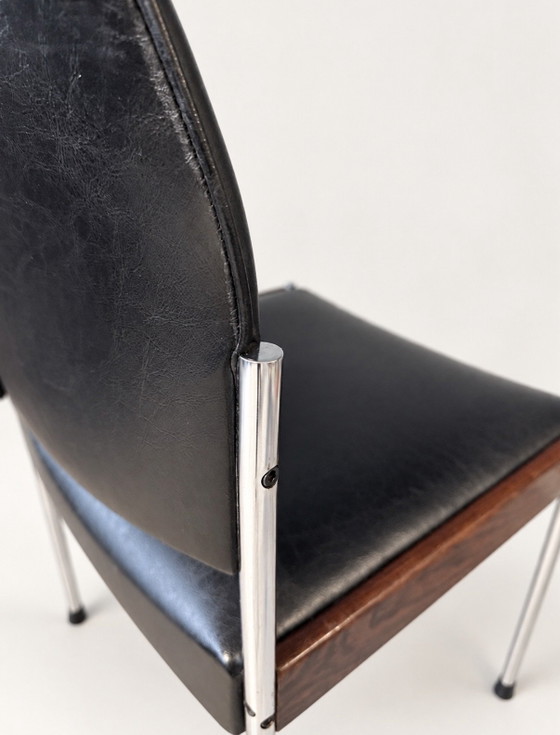 Thereca, 8 vintage Dining chairs, Netherlands, approx. 1960-70, Chrome, Leather, Black (photo 12 of 15)