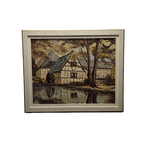 Wassermühle in Fachwerkbauweise im impressionistischen Stil, 1960er/70er Jahre