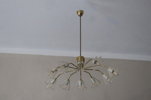 Lámpara de araña elíptica de latón y vidrio de 10 brazos, década de 1950