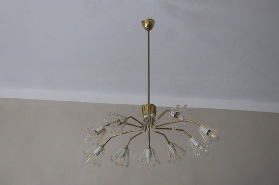 Image 1 of Elliptische kroonluchter met 10 armen van messing en glas, jaren 1950