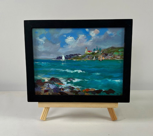 Original Oil Painting Summer Coastal Landscape Sailboats at sea and rocky shore