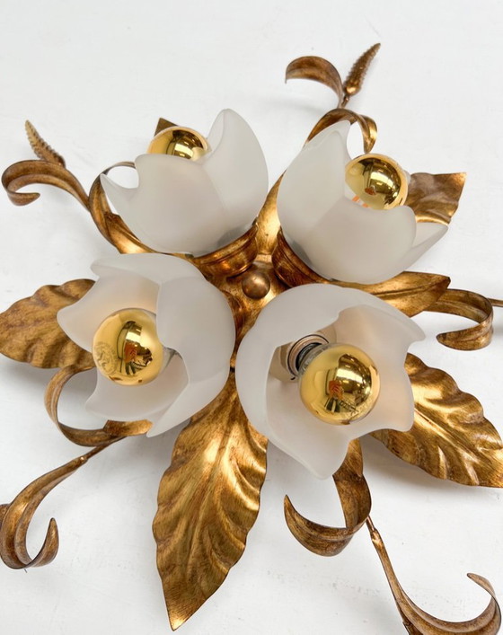 Image 1 of Vergulde XL plafondlamp of wandlamp uit Italië, 1970's