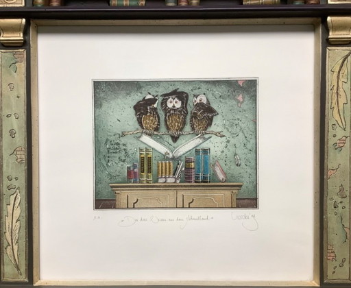 Colored etching in a beautiful frame. Hear, see, and be silent.