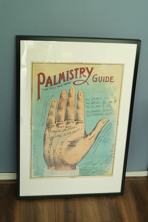 Affiche encadrée du guide vintage de chiromancie « la main révélatrice ».