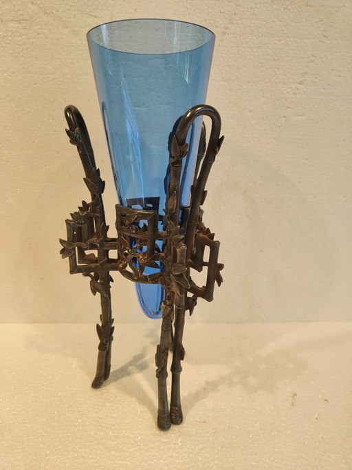 Jarrón Christofle de estilo japonés, monoflore de bambú en vidrio craquelado y "bambú" de bronce plateado.