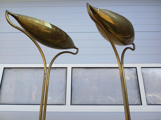 Rare pair (2x) Vintage Florian Schulz 'Dona' Brass Uplighters (1979), Floor lights, Stone, Gold (photo 7 of 10)