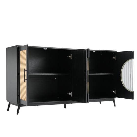 Image 1 of Credenza nera Urban Meuble con ante in vetro in rattan, anta semicircolare 160*40*80cm VELZU