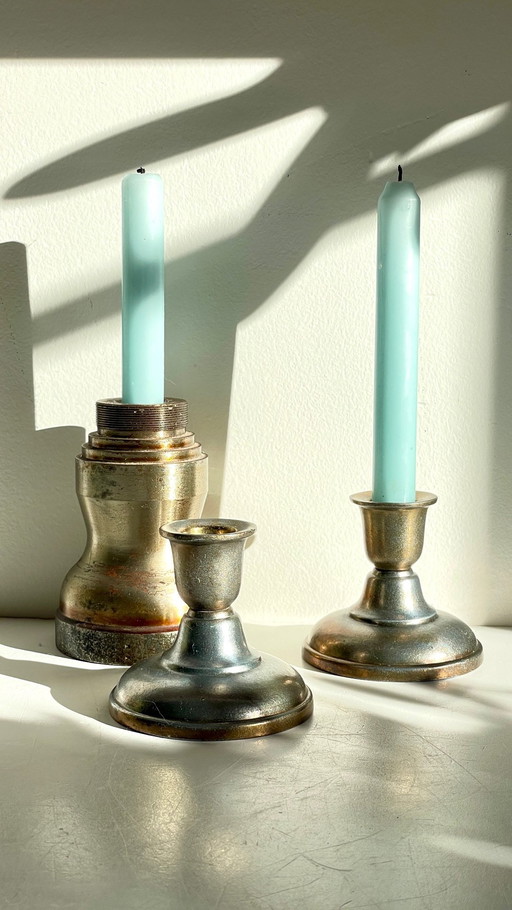 Vintage Steel and Bronze Industrial Candleholders